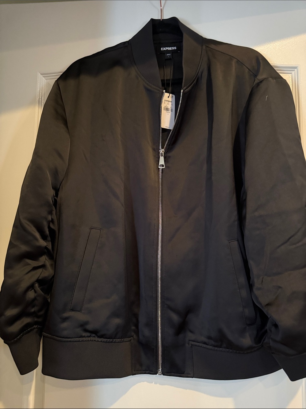 Express Black womens Satin Bomber Jacket Size L NWT